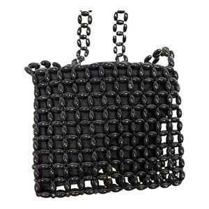 Giannini Vintage Black Wooden Bead Cross Body Bag Cloth Lined Boho Coastal